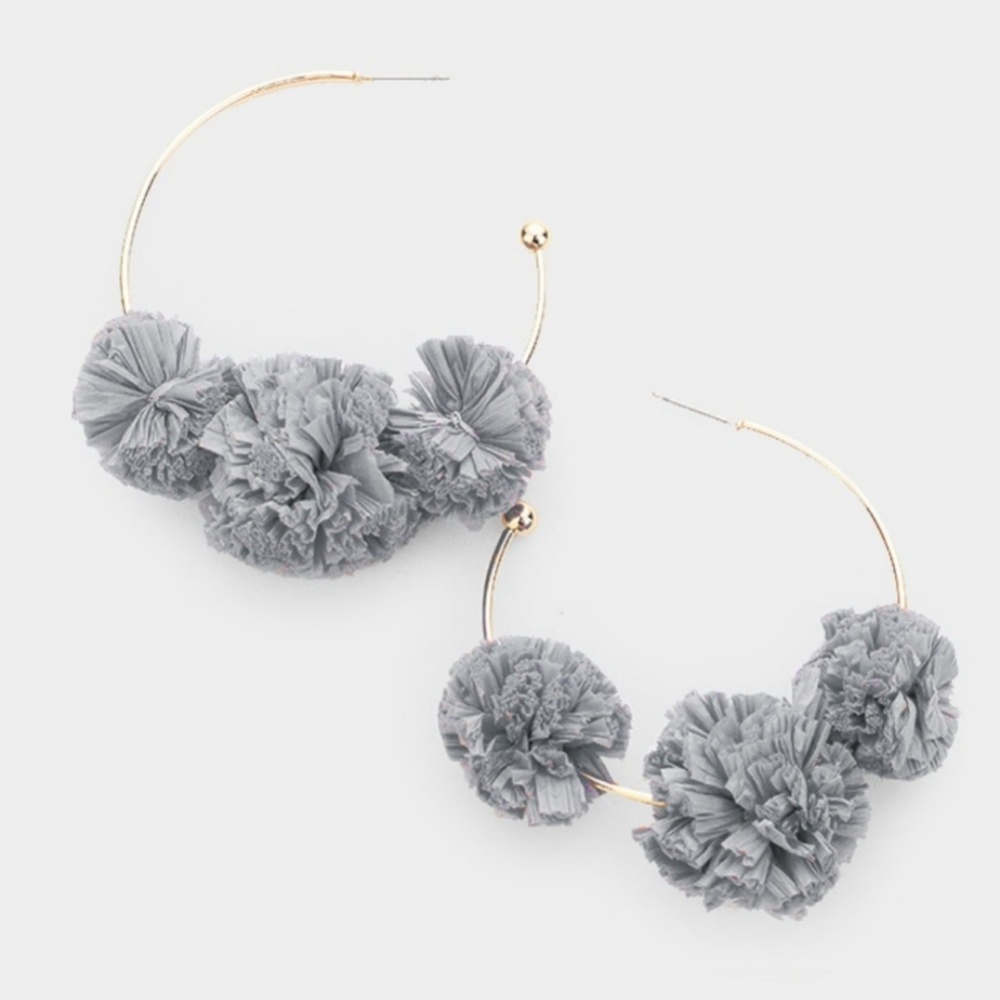 Gray Raffia Pom Pom Earrings